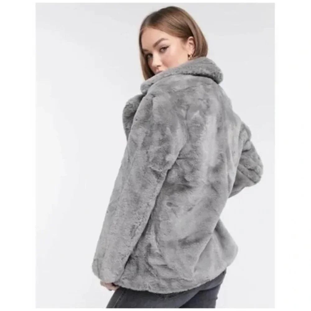 BlankNYC Faux Fur Notched Lapel Oversized Teddy Jacket Cozy Coat Gray  Small S
